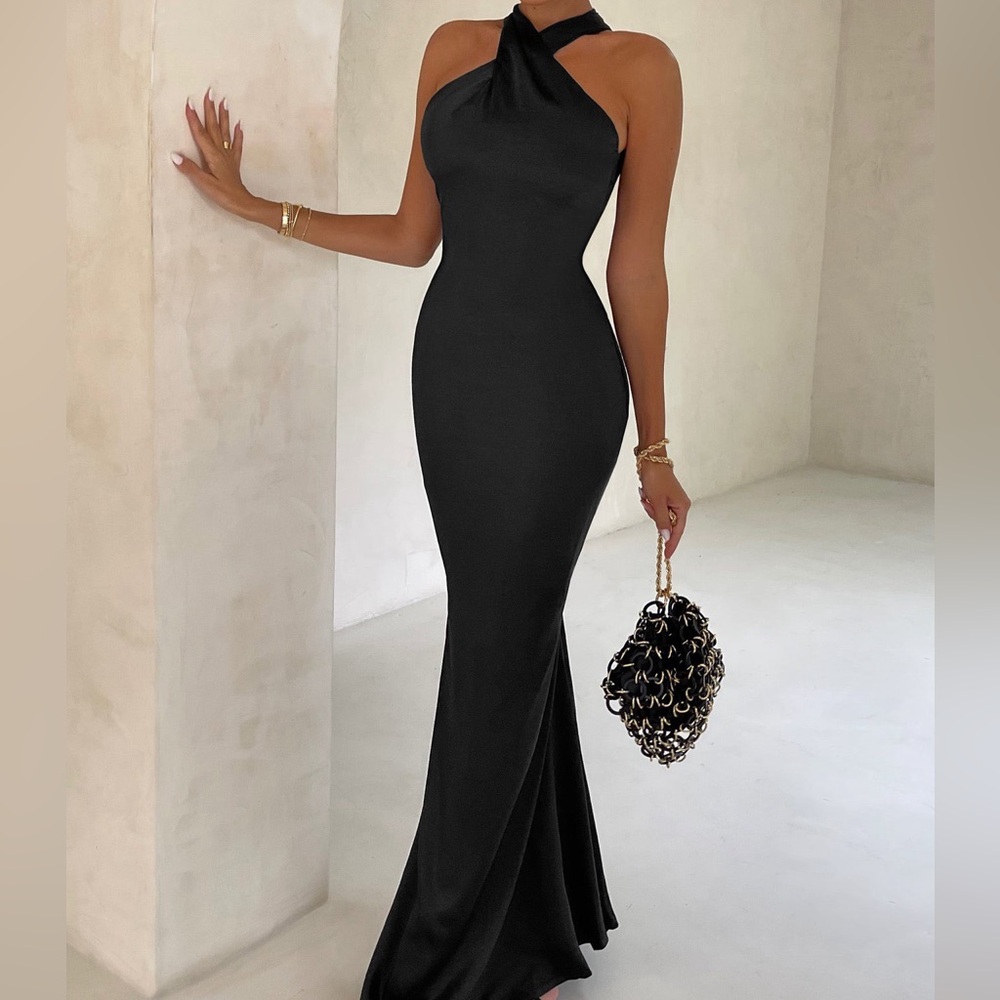 Satin, black halter neck gown